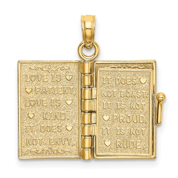14k Yellow Gold Love Bible Verse Flower Book Pendant Moveable 3-D hinged emboss - Picture 4 of 7